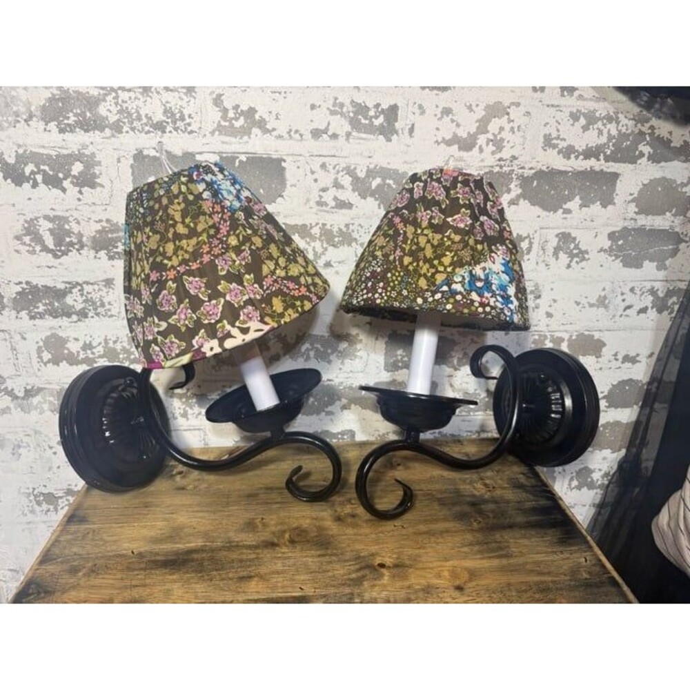 VTG set of 2 Cottagecore wall sconces w/black candelabra with floral shades